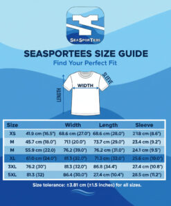 Official Seasportees premium unisex t-shirt size chart guide showing width length and sleeve measurements in centimeters and inches