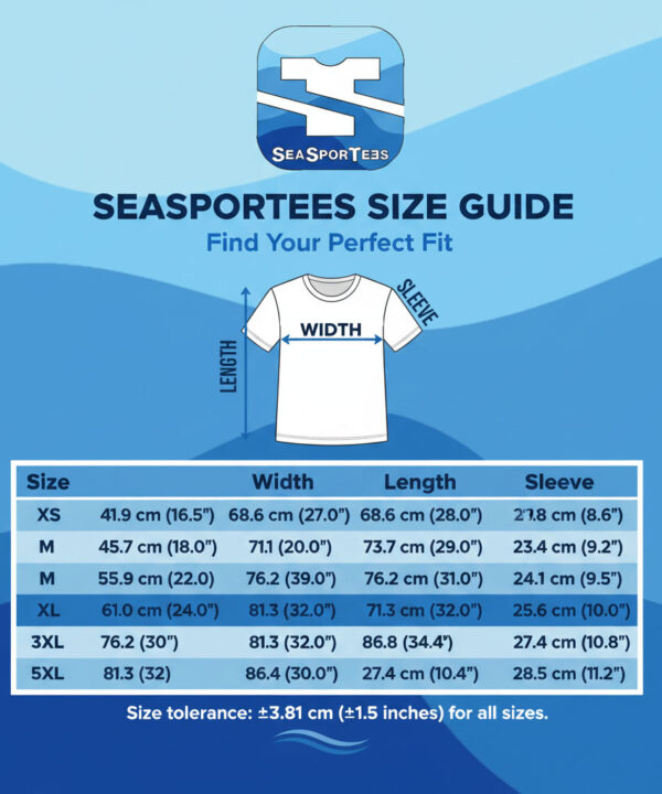 Official Seasportees premium unisex t-shirt size chart guide showing width length and sleeve measurements in centimeters and inches