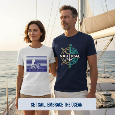 SEASPORTEES premium nautical and sailing graphic t-shirts collection on a sailboat deck
