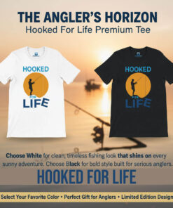 Seasportees product infocard comparing the white and black color variations of the Hooked for Life fishing shirt