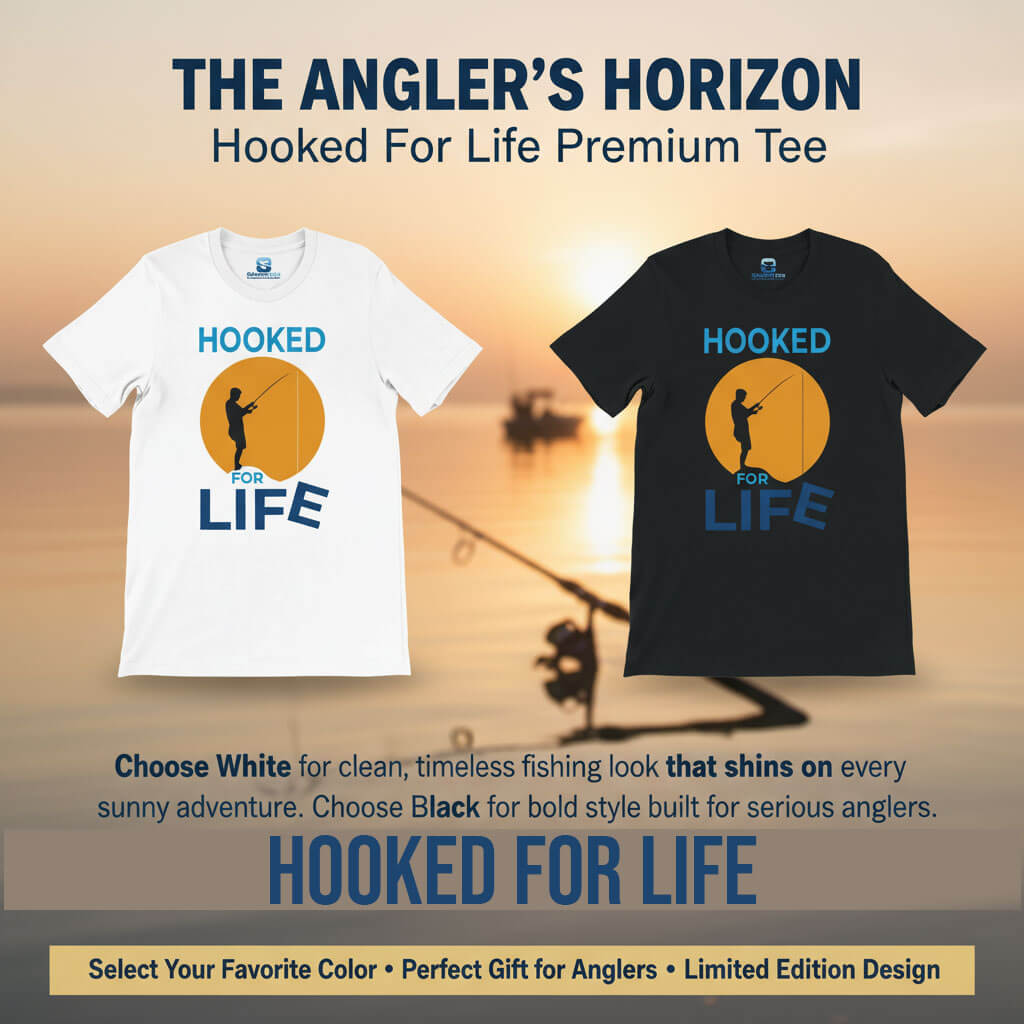 Seasportees product infocard comparing the white and black color variations of the Hooked for Life fishing shirt
