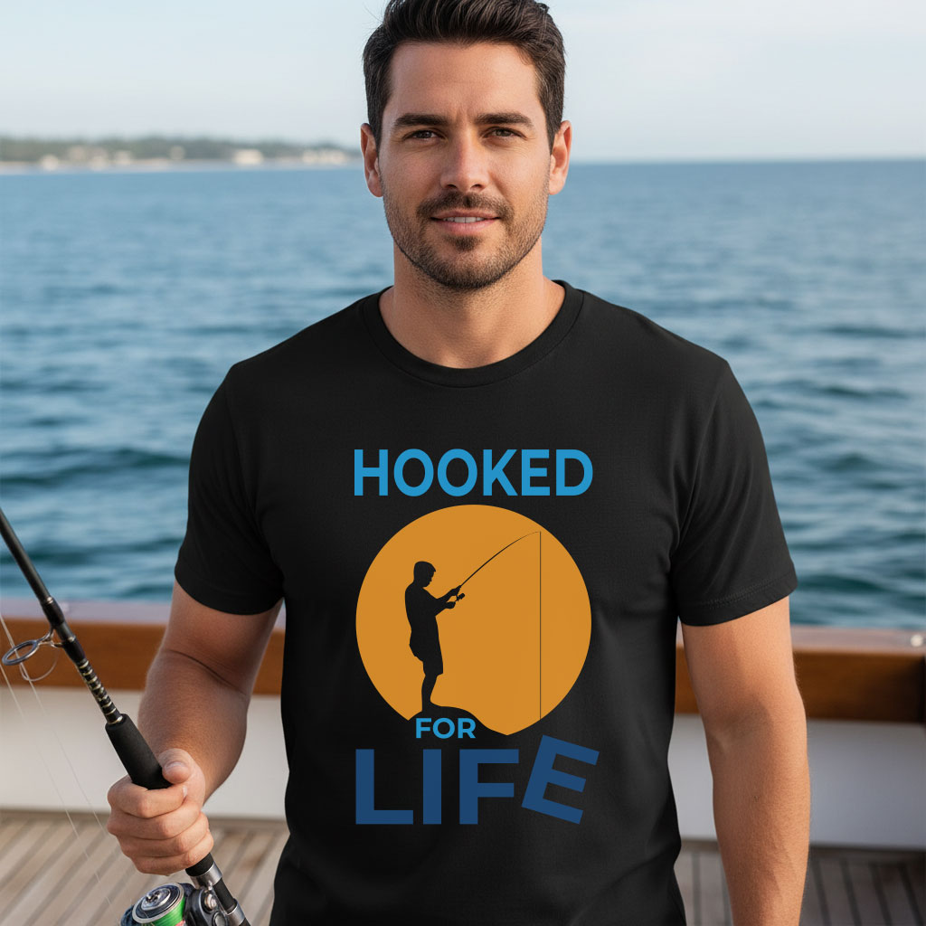 Man standing on a boat deck wearing a black premium fisherman tee with an orange sunset graphic print