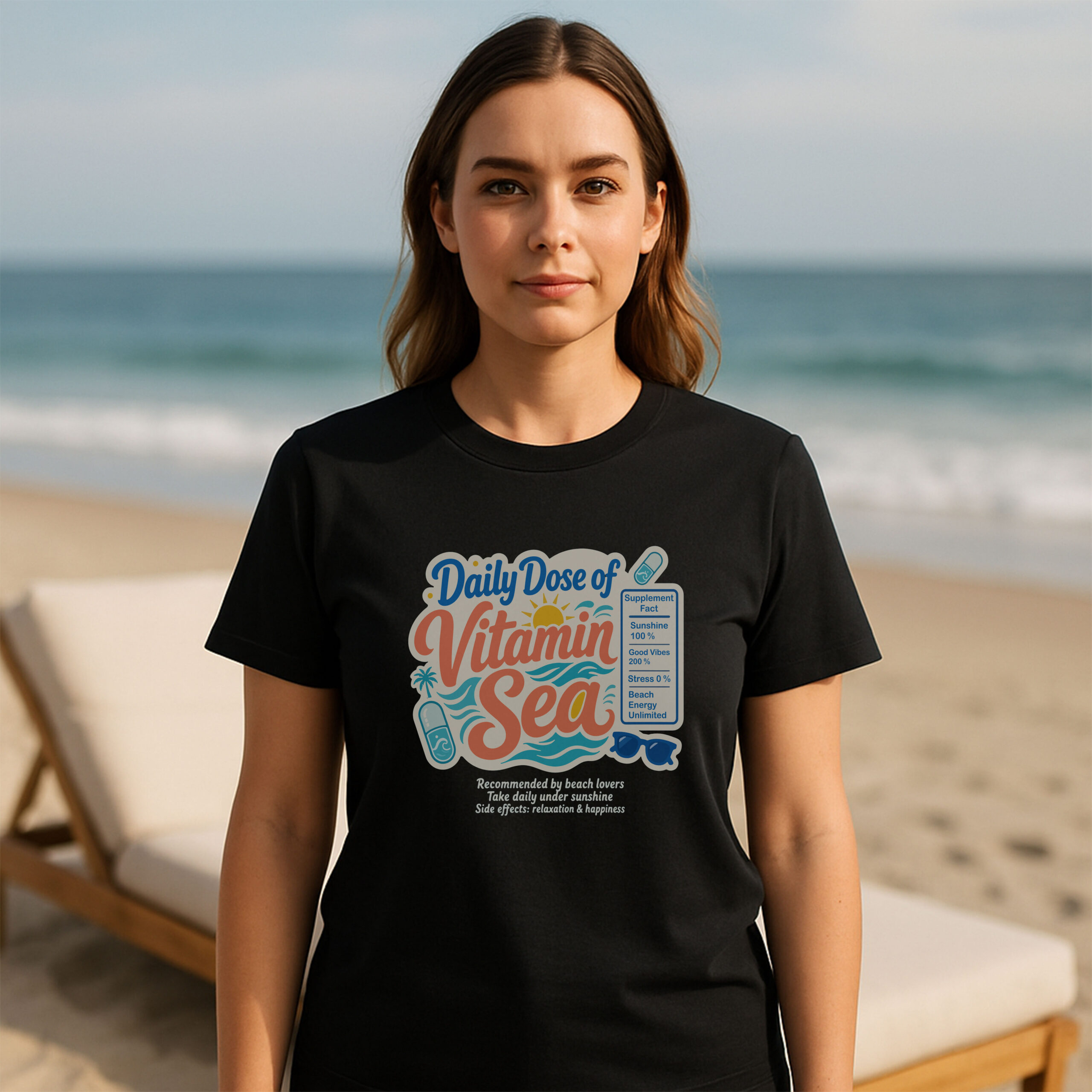 Woman standing on a sunny beach wearing a black premium beach graphic tee with a retro vitamin sea supplement print