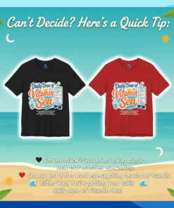 Seasportees product graphic comparing the black and red variants of the daily dose of vitamin sea shirt with buying tips