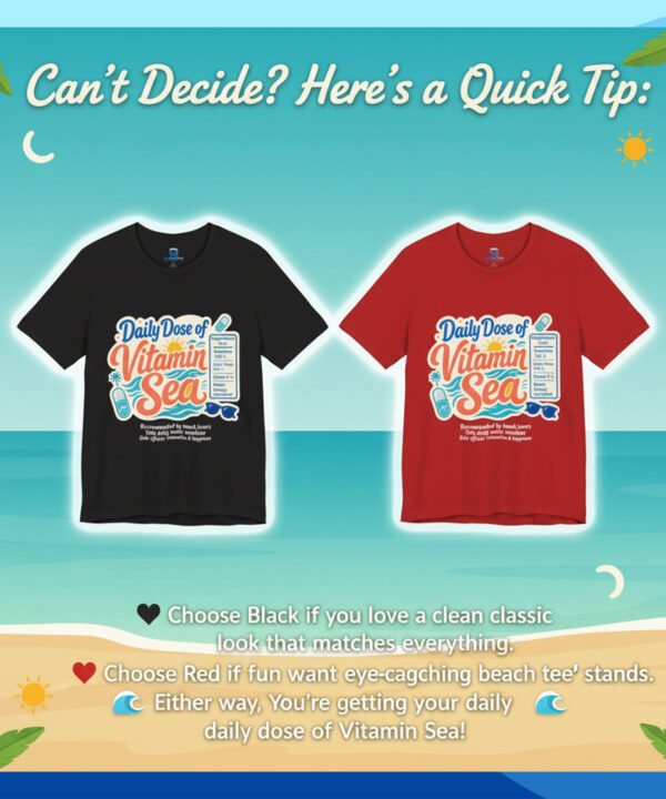 Seasportees product graphic comparing the black and red variants of the daily dose of vitamin sea shirt with buying tips