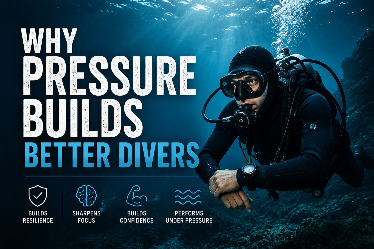 Why pressure builds better divers underwater illustrating how pressure builds resilience, confidence, and better diving skills in challenging conditions.