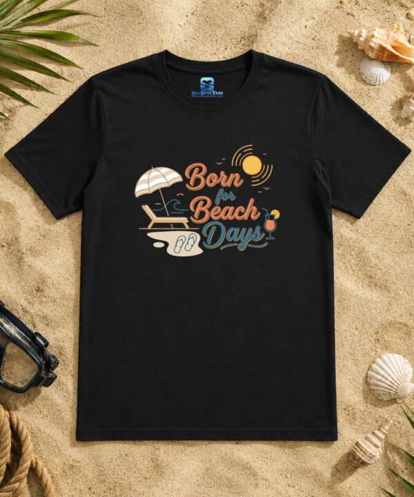 Born for Beach Days beach lifestyle tee — retro coral script and coastal icons on black cotton, Seasportees