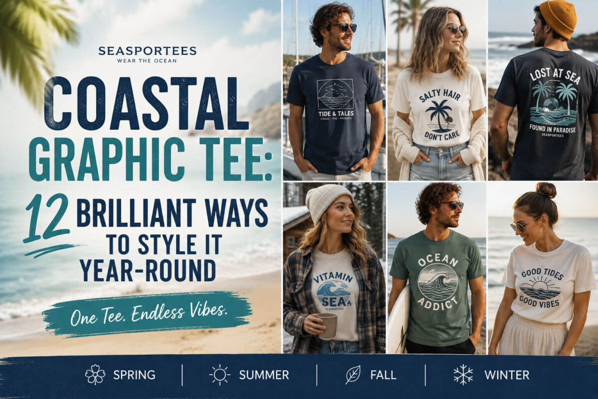 Models wearing coastal graphic T-shirts styled for different seasons