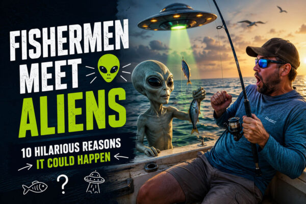 A surprised fisherman encounters a friendly alien on a fishing boat beneath a UFO over the ocean.