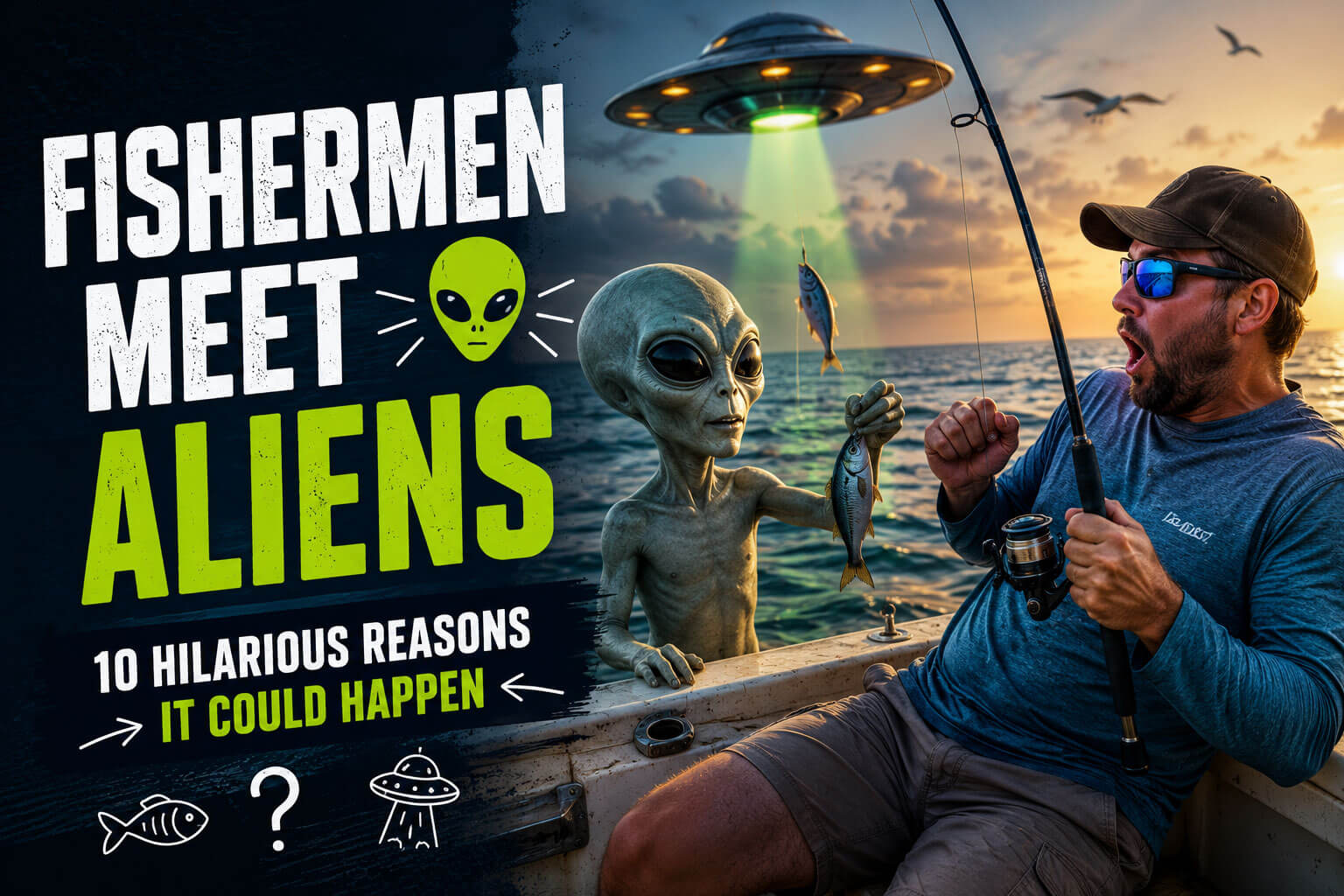 A surprised fisherman encounters a friendly alien on a fishing boat beneath a UFO over the ocean.
