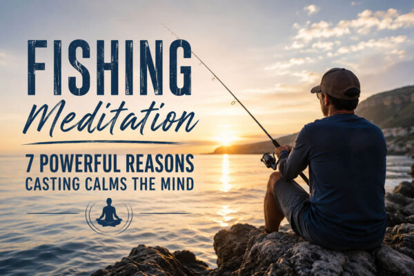 Fishing meditation Peaceful angler casting a fishing line at sunrise on a calm lake, illustrating how fishing promotes relaxation, mindfulness, and mental well-being.