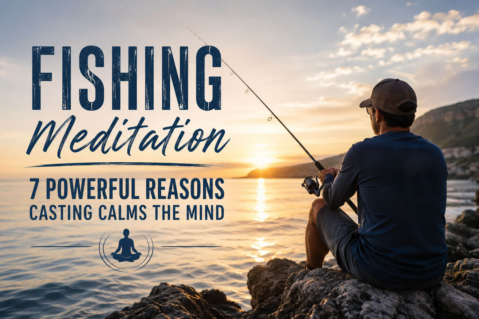 Fishing meditation Peaceful angler casting a fishing line at sunrise on a calm lake, illustrating how fishing promotes relaxation, mindfulness, and mental well-being.