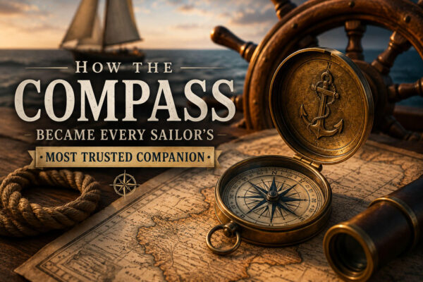 sailor's compass Vintage brass nautical compass resting on an old sea chart beside a ship's wheel, representing the trusted navigation tool used by sailors for centuries.