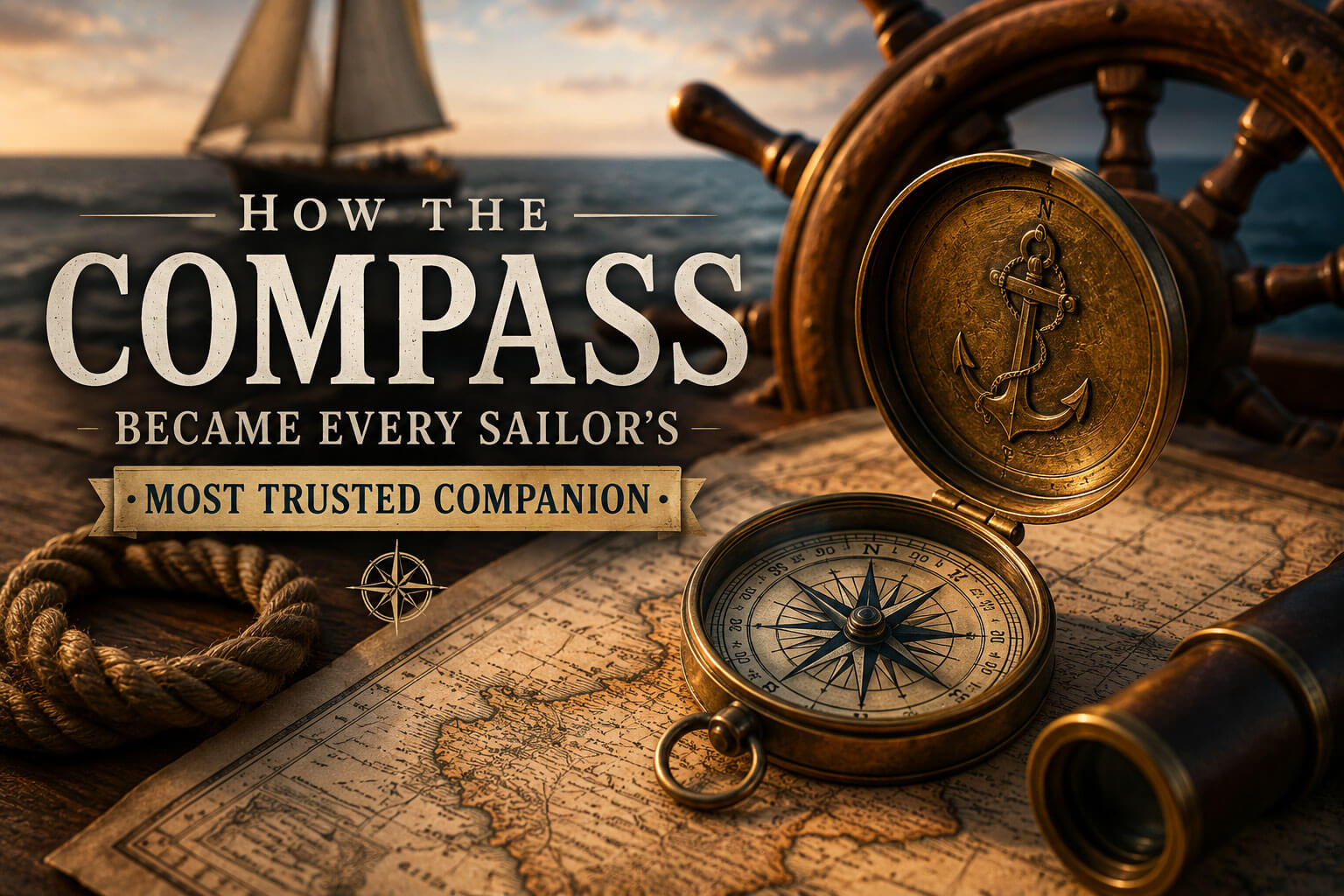 sailor's compass Vintage brass nautical compass resting on an old sea chart beside a ship's wheel, representing the trusted navigation tool used by sailors for centuries.