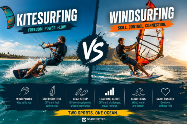 kitesurfing vs windsurfing Featured image comparing kitesurfing & windsurfing with riders in action, highlighting the key differences between the two water sports.