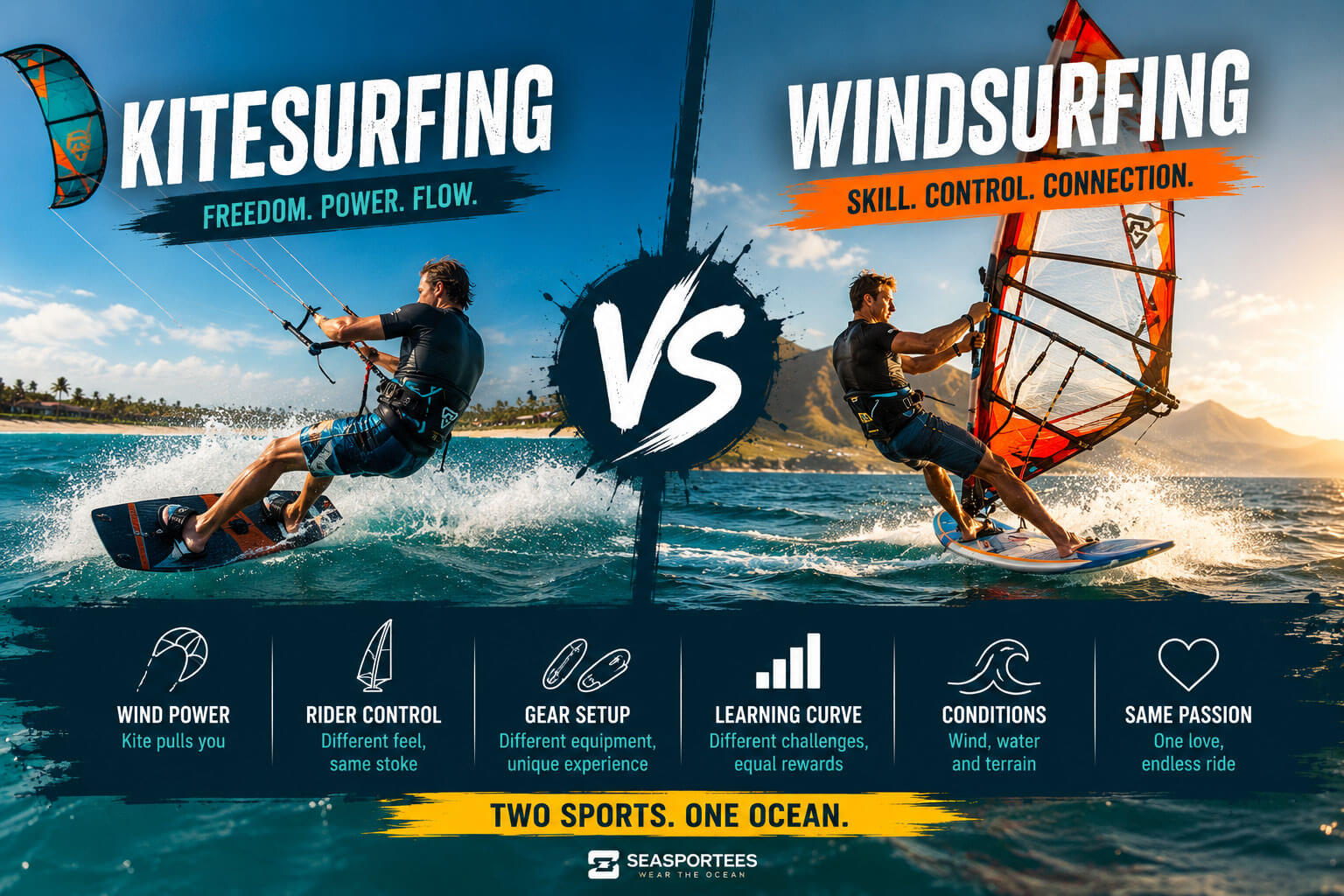 kitesurfing vs windsurfing Featured image comparing kitesurfing & windsurfing with riders in action, highlighting the key differences between the two water sports.