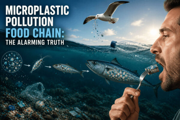microplastic pollution food chain Illustration showing microplastic pollution moving through the marine food chain from plankton to fish and ultimately reaching humans through seafood consumption.