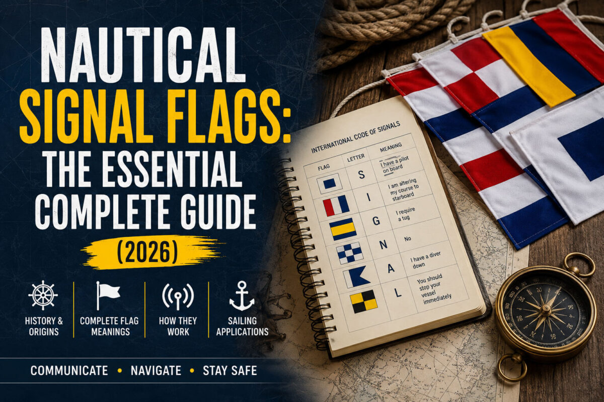 Nautical Signal Flags: The Essential Complete Guide (2026) featuring International Code of Signals flags, maritime chart, compass, and sailing communication reference.