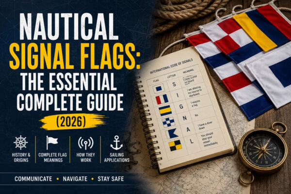 Nautical Signal Flags: The Essential Complete Guide (2026) featuring International Code of Signals flags, maritime chart, compass, and sailing communication reference.