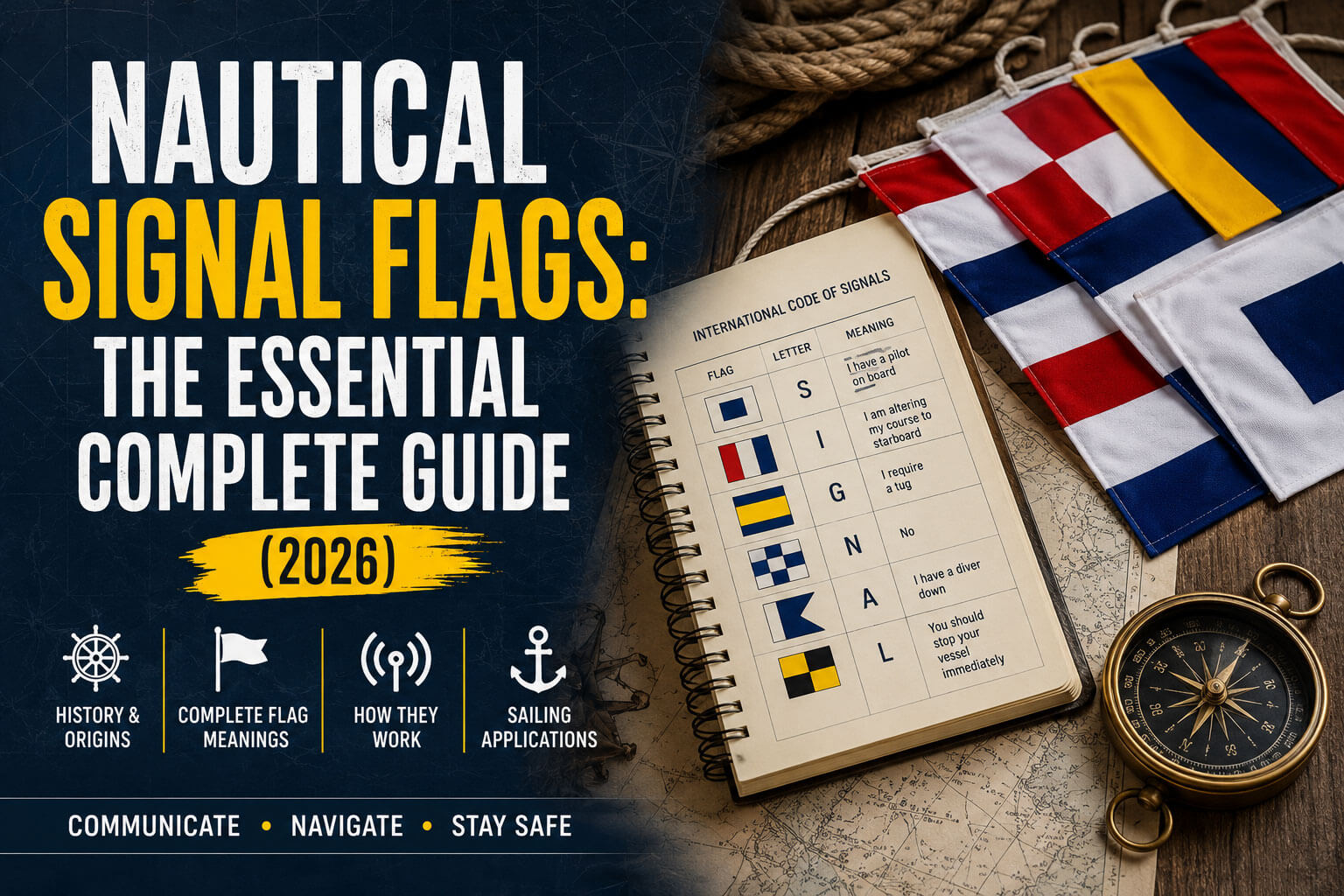 Nautical Signal Flags: The Essential Complete Guide (2026) featuring International Code of Signals flags, maritime chart, compass, and sailing communication reference.