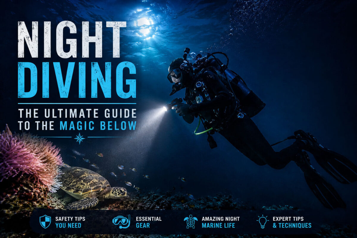 Scuba diver exploring a coral reef during a night dive with a flashlight illuminating marine life beneath the ocean.