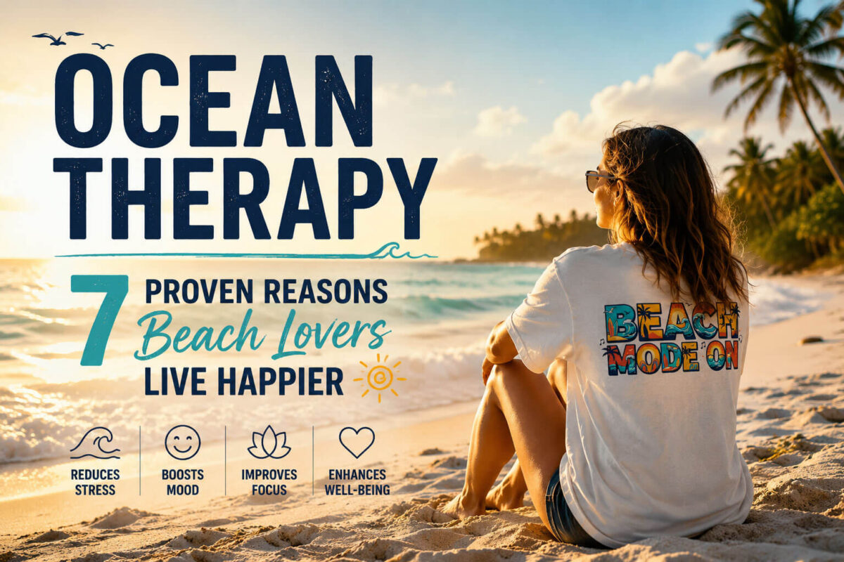 ocean therapy Person relaxing on a tropical beach at sunset illustrating the calming effects of ocean therapy and why beach lovers live happier.