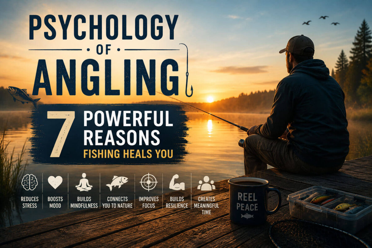 psychology of angling is Angler fishing from a peaceful lakeside dock at sunrise, illustrating the mental health and emotional benefits of recreational fishing.