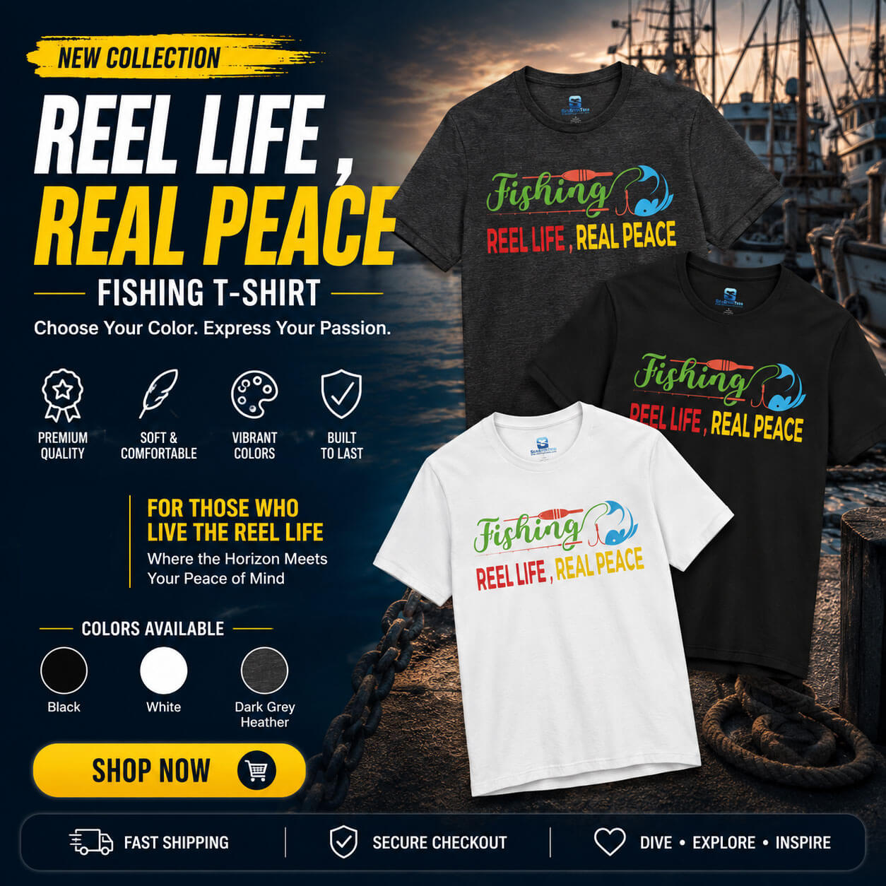 reel life fishing tshirt color variations