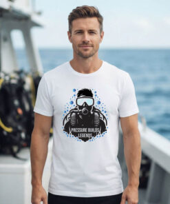 Scuba diver t-shirt with Pressure Builds Legends text and bubble graphic, Seasportees diving apparel