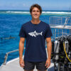 Navy unisex shark conservation shirt featuring Protect the Apex shark silhouette design by Seasportees