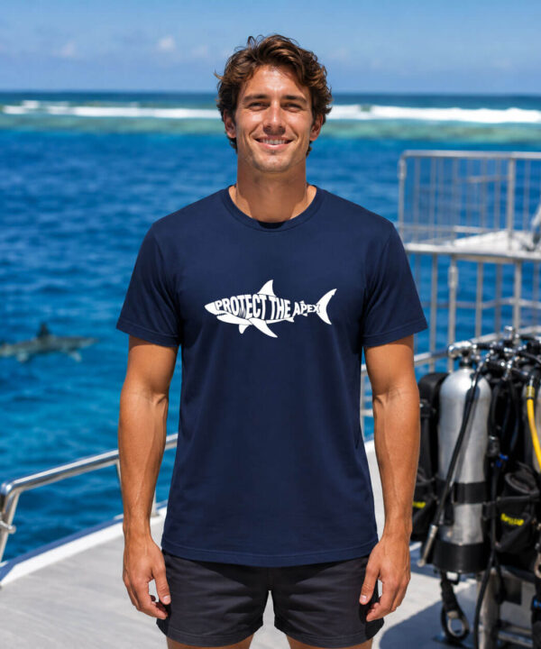 Navy unisex shark conservation shirt featuring Protect the Apex shark silhouette design by Seasportees
