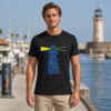 Storm tested lighthouse shirt design close-up, blue typographic lighthouse graphic on black cotton tee