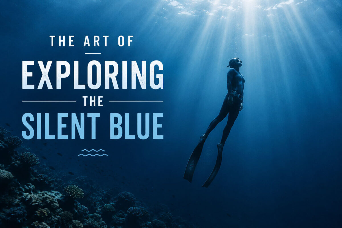 Freediver exploring the silent blue ocean beneath sunbeams above a coral reef, illustrating the art of underwater exploration.