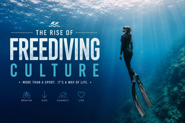 Freediver ascending through clear blue ocean water representing the rise of modern freediving culture.