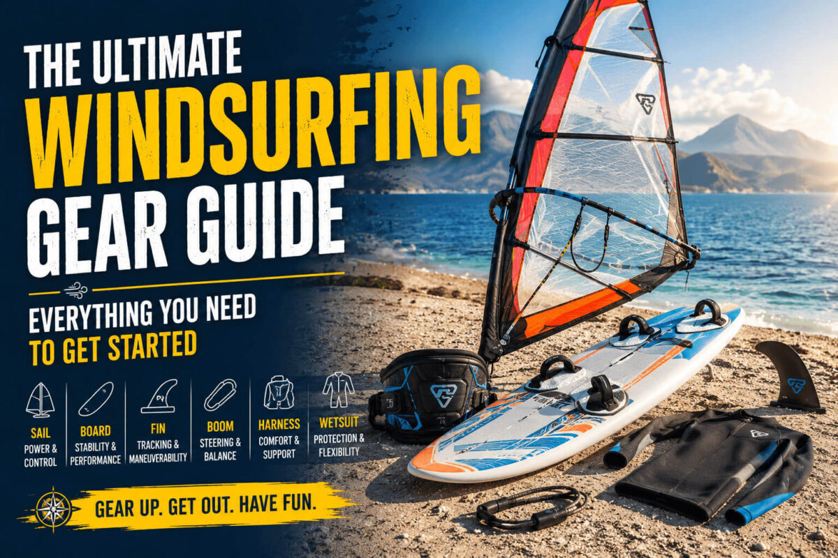 Featured image showing essential windsurfing gear including a sail, board, harness, wetsuit, boom, and fin on a beach with the title "The Ultimate Windsurfing Gear Guide.