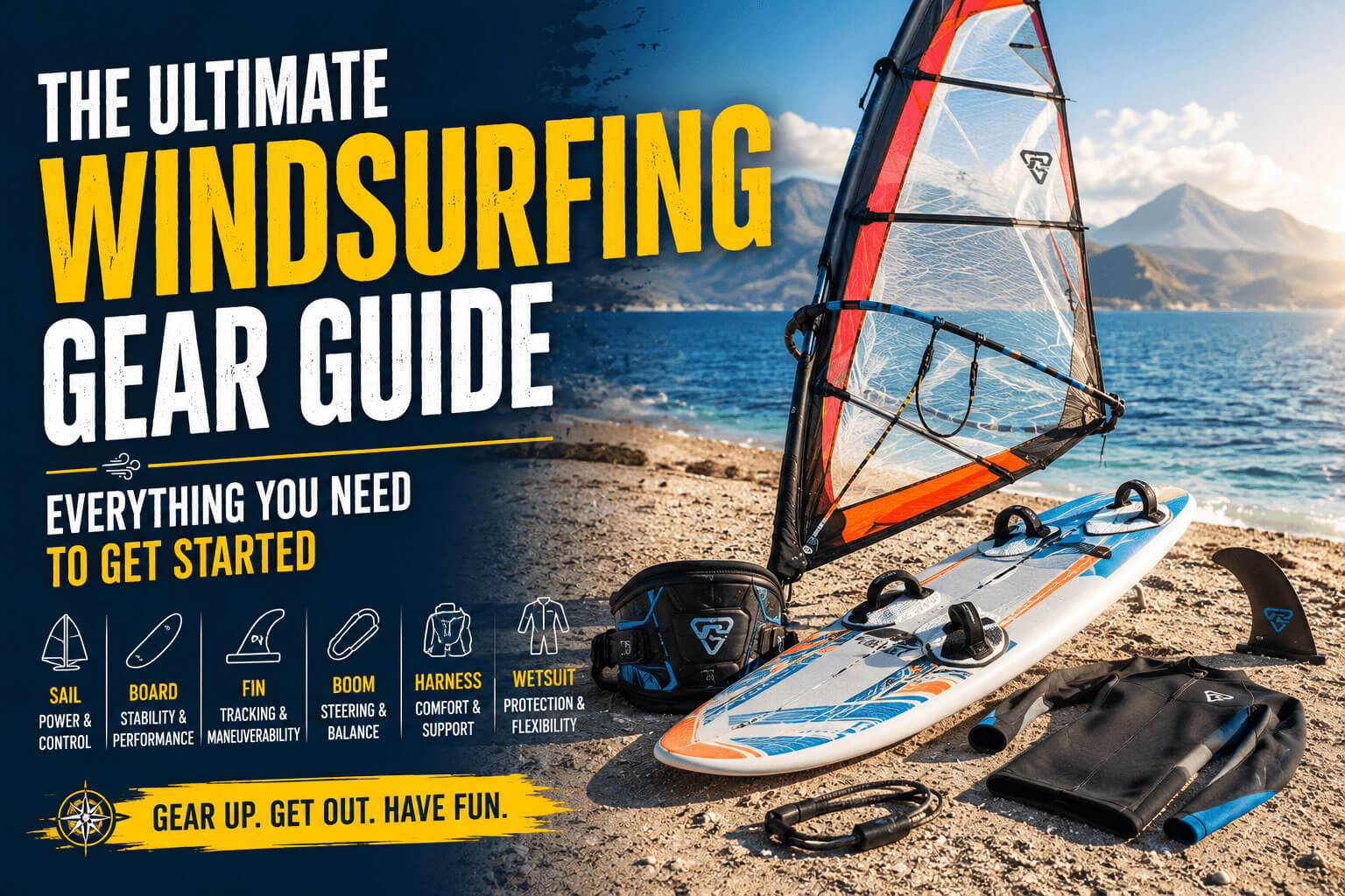 Featured image showing essential windsurfing gear including a sail, board, harness, wetsuit, boom, and fin on a beach with the title "The Ultimate Windsurfing Gear Guide.