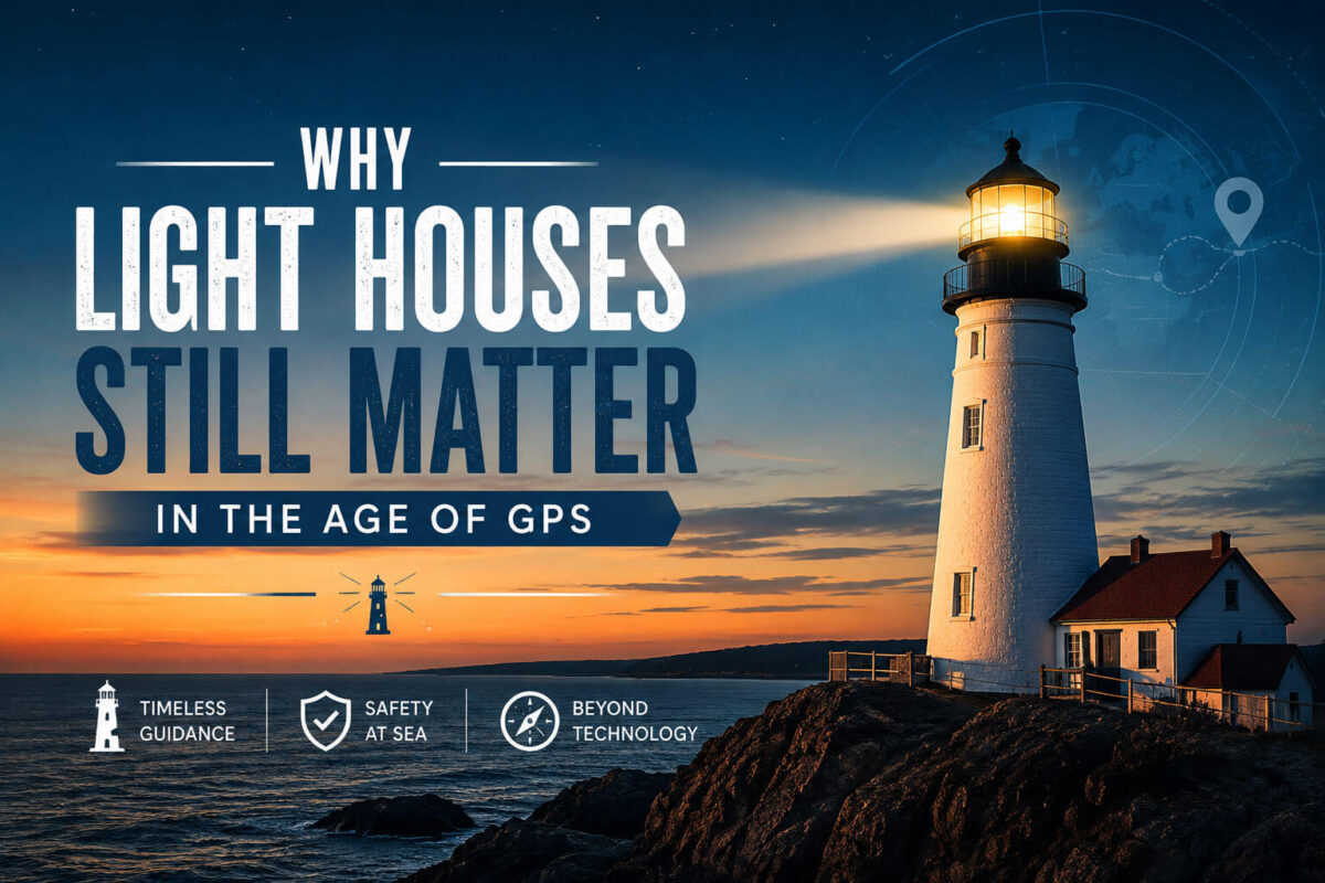 A historic white lighthouse glowing at sunset next to the ocean, featuring text that reads "Why Lighthouses Still Matter in the Age of GPS.