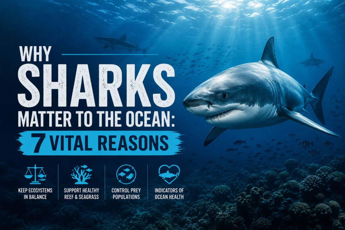 Why Sharks Matter to the Ocean featured image showing a great white shark swimming above a healthy coral reef, illustrating the importance of sharks in maintaining marine ecosystem balance.