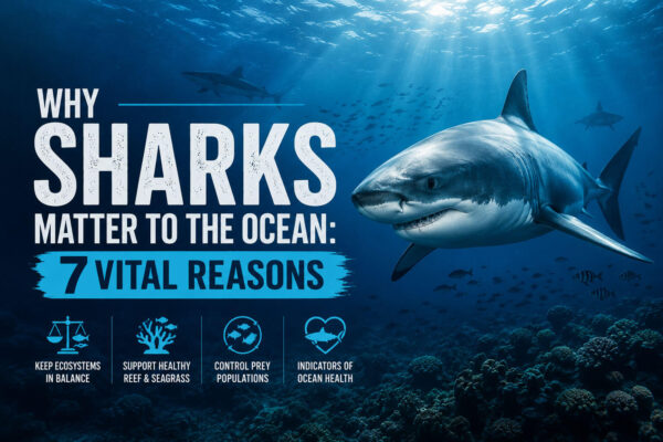 Why Sharks Matter to the Ocean featured image showing a great white shark swimming above a healthy coral reef, illustrating the importance of sharks in maintaining marine ecosystem balance.
