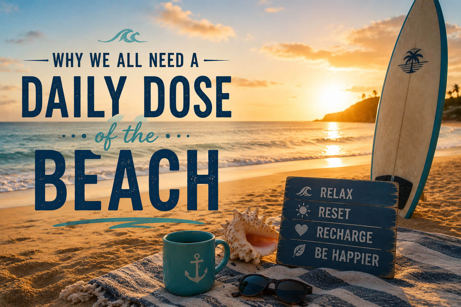 daily dose of the beach is Peaceful beach at sunset with a surfboard, seashell, coffee mug, and ocean waves, representing the relaxing and restorative benefits of spending time by the sea.