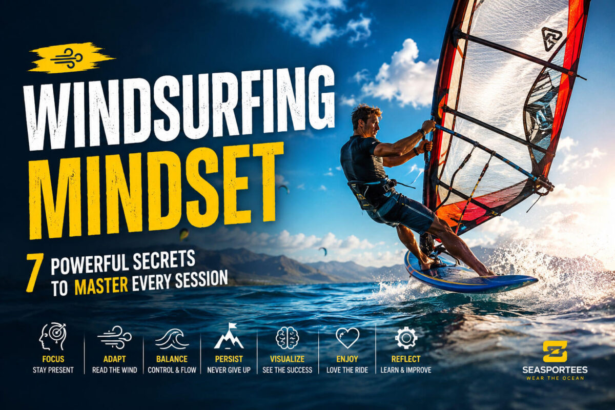Featured image for a windsurfing mindset blog post showing a windsurfer carving across the ocean with the title "Windsurfing Mindset: 7 Powerful Secrets to Master Every Session.