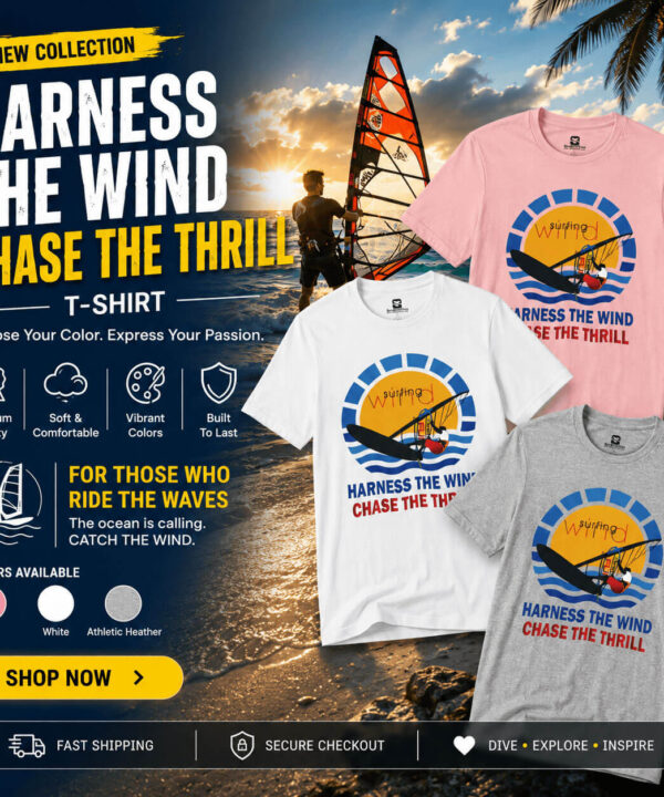 WooCommerce hero banner featuring Seasportees windsurfing T-shirts in Pink, White, and Athletic Heather against a beach windsurfing background.