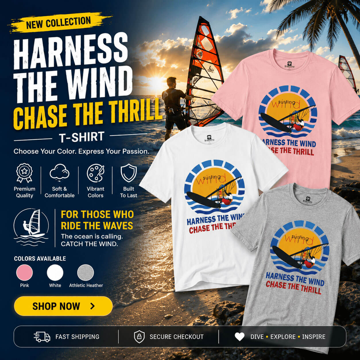 WooCommerce hero banner featuring Seasportees windsurfing T-shirts in Pink, White, and Athletic Heather against a beach windsurfing background.