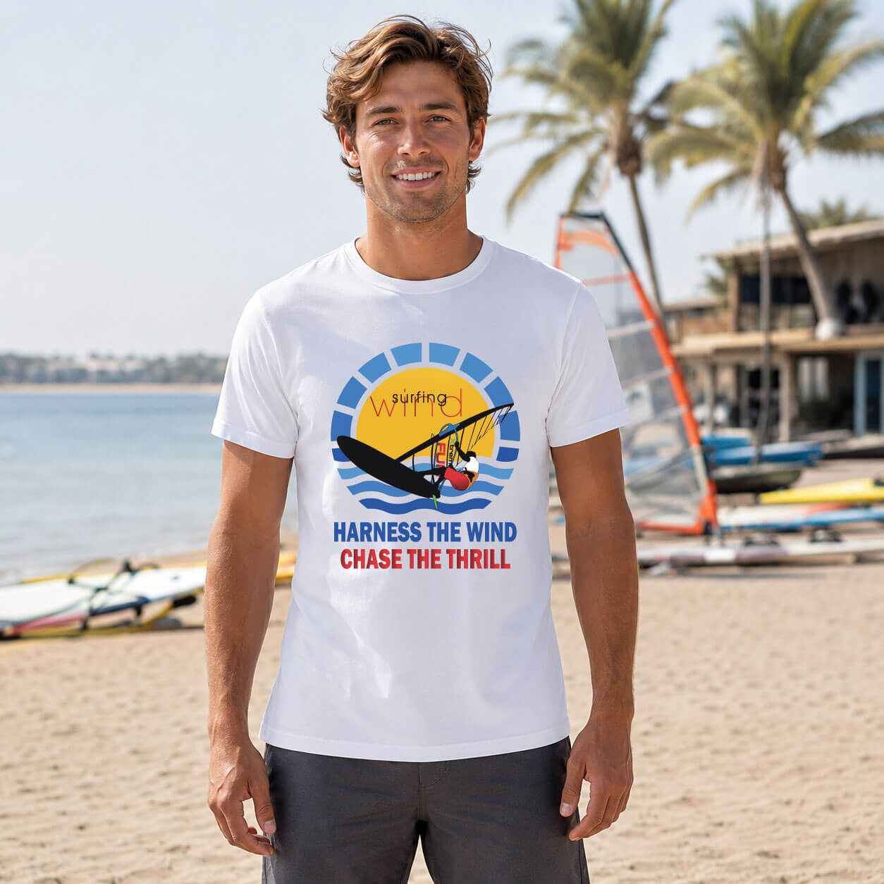 Man wearing white windsurfing t-shirt with sunburst wind-sport graphic and Harness the Wind text on beach