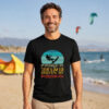 Kitesurfer shirt with vintage badge graphic reading Powered By Wind Driven By Passion, black tee, Seasportees