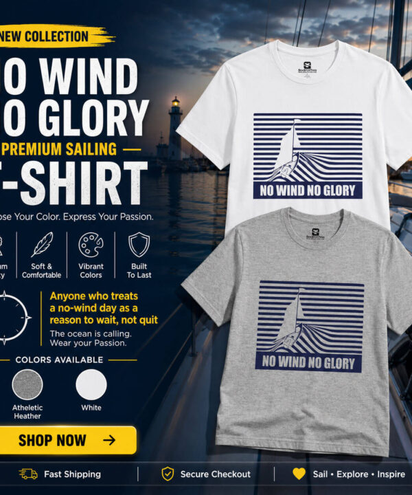 No Wind No Glory premium sailing T-shirt by Seasportees in White and Athletic Heather