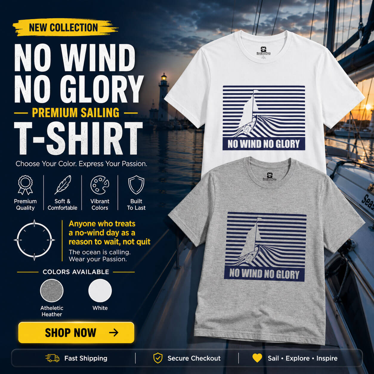 No Wind No Glory premium sailing T-shirt by Seasportees in White and Athletic Heather
