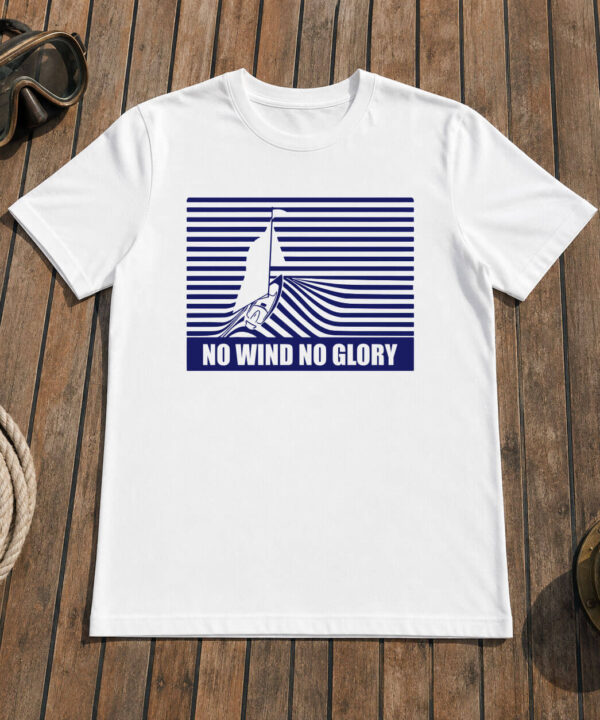 No Wind No Glory sailing t-shirt — navy vintage badge graphic, heeled sailboat design, white tee, Seasportees
