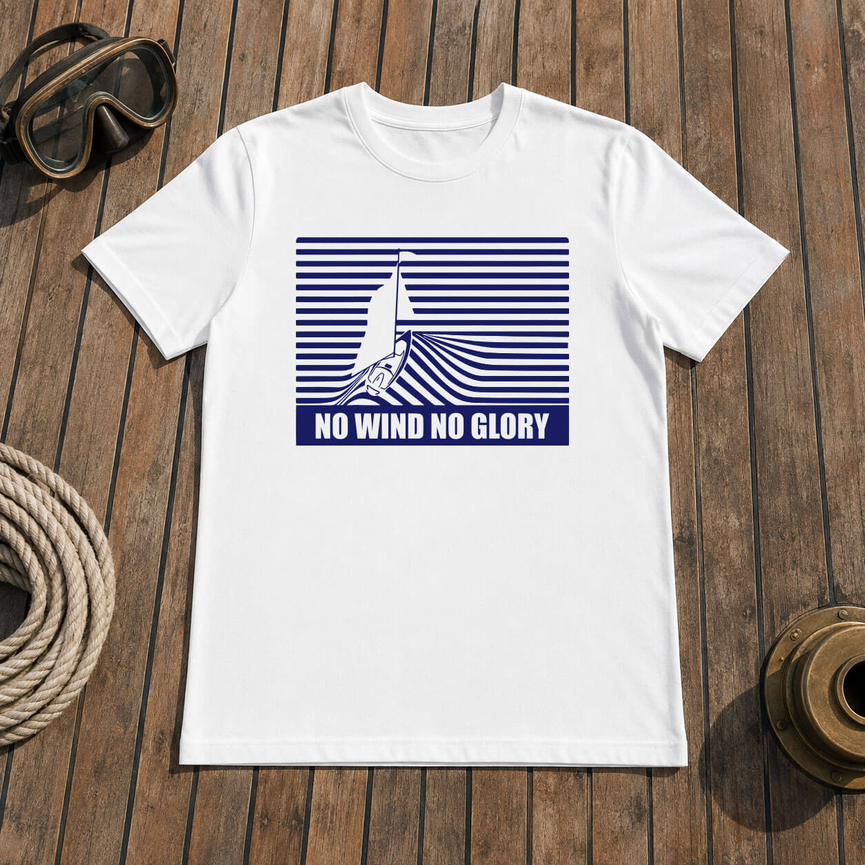 No Wind No Glory sailing t-shirt — navy vintage badge graphic, heeled sailboat design, white tee, Seasportees