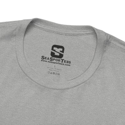 Close-up of the inner neck detail on a theletic heather SeaSportees t-shirt displaying the custom printed logo label, website URL, size L, and care icons.